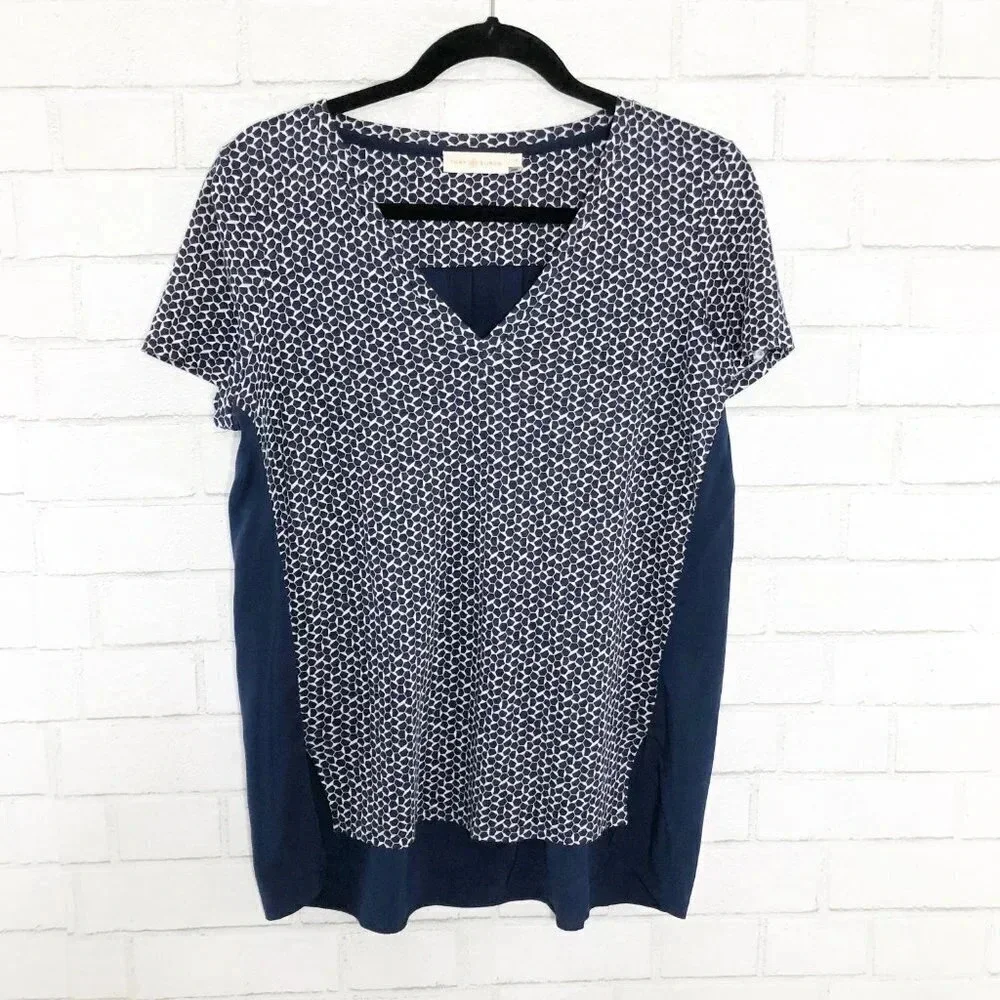Tory Burch Navy Blue and White Teserra Blouse Shirt Size Small